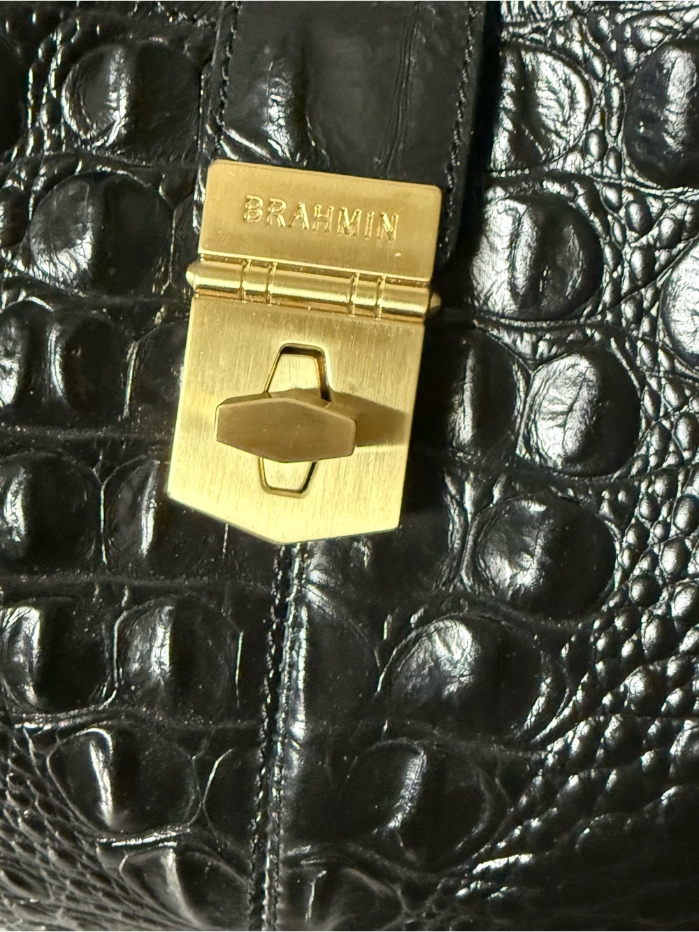 Brahmin Black Croc Embossed Leather Satchel/Shoulder Bag Large Gold Hardware - Picture 4 of 16